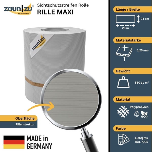 Zaun zu Sichtschutzstreifen Rolle Rille Maxi aus Polypropylen, 26 Meter Länge, 24 Zentimeter Breite, 1,25 Millimeter Materialstärke und 850 Gramm pro Quadratmeter Gewicht