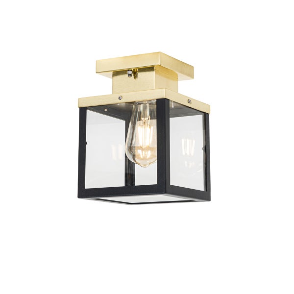 Quadratische Außen-Deckenleuchte aus Metall und Glas, Rahmen in Schwarz und Gold mit LED-Filament-Leuchtmittel.