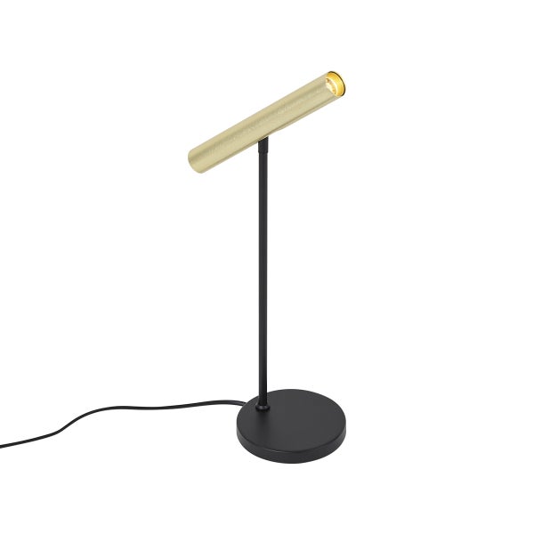Moderne minimalistische Schreibtischlampe aus Metall mit schwarzem Fuß und zylindrischem goldenem Kopf.