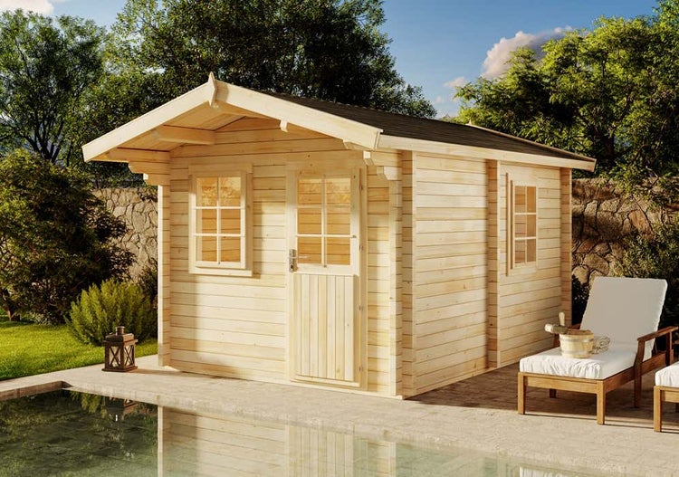 FinnTherm Saunahaus Joonas 70 Gartensauna 2 Sitzbänke aus Holz, Sauna mit 70 mm Wandstärke, Außensauna mit Montagematerial, Naturbelassen 3x4m