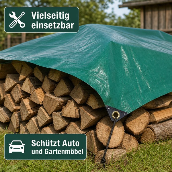 Vielseitige Gewebeplane zur Abdeckung von Brennholz mit Metallösen und Spannseil zum Schutz vor Witterungseinflüssen.