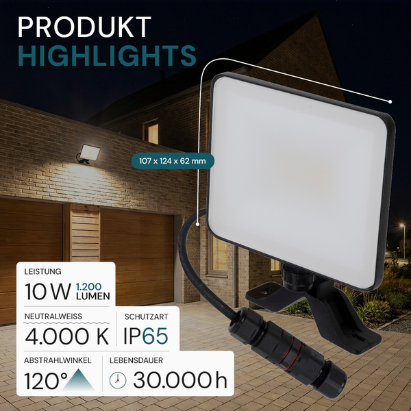 LED-Außenstrahler mit den Maßen 107 x 124 x 62 Millimeter, 10 Watt Leistung, 1200 Lumen Lichtstrom, 4000 Kelvin Farbtemperatur und Schutzart IP65.