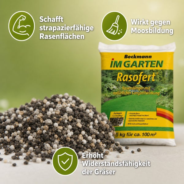 Beckmann im Garten Rasofert Rasendünger 5 Kilogramm Sack mit granuliertem Dünger für strapazierfähige Rasenflächen und Schutz vor Moosbildung.