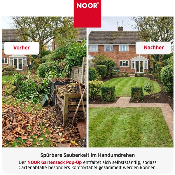 Vorher und Nachher Vergleichsbild eines gepflegten Gartens nach der Anwendung des selbstentfaltenden Noor Gartensack Pop Up für Gartenabfälle.
