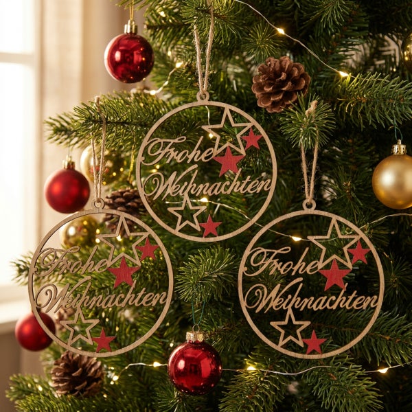 Drei runde Weihnachtsbaumanhänger aus Holz mit der Aufschrift Frohe Weihnachten und Sternmotiven hängen in einem Tannenbaum.