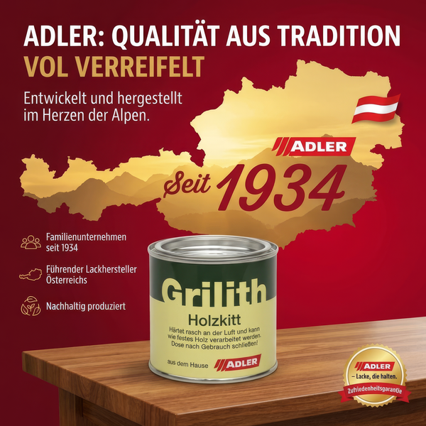 Adler Grilith Holzkitt Dose auf Holzoberfläche vor einer Österreichkarte mit Adler Logo und Texten zu Qualität, Tradition seit 1934 und Garantie.
