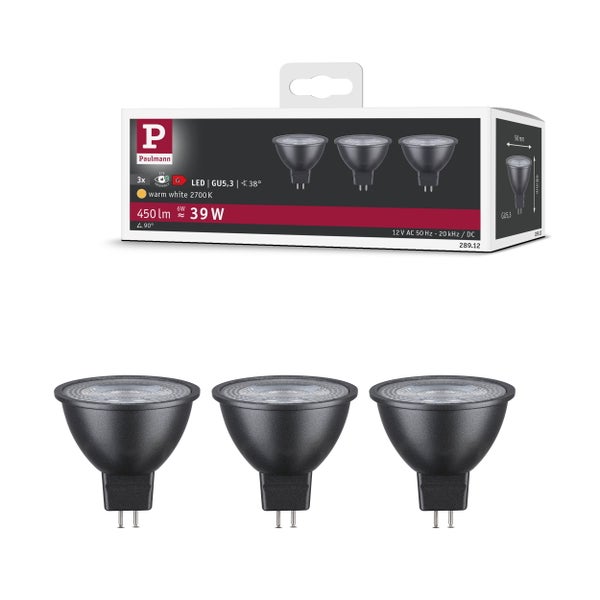 Drei Paulmann LED Reflektorlampen mit GU5.3 Sockel, 6 Watt, 450 Lumen, warmweiße Lichtfarbe mit 2700 Kelvin im Set mit Verpackung