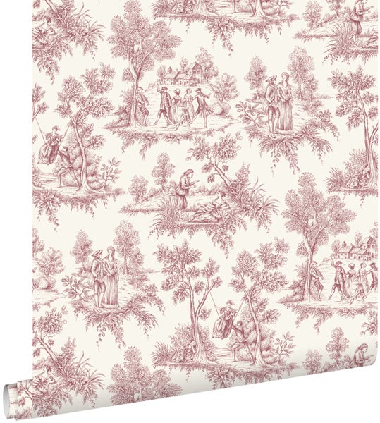 Vliestapete mit Toile de Jouy Muster, historische ländliche Szenen mit Personen und Bäumen.
