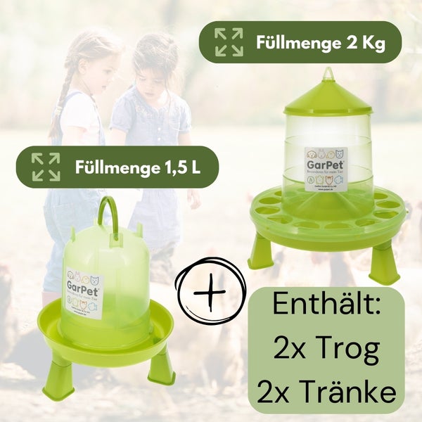 Set mit zwei Futtertrögen und zwei Tränken für Geflügel