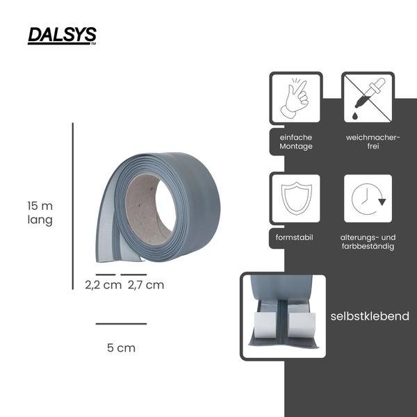 Dalsys Logo. Graue Weichsockelleiste, 15 Meter lang, 5 Zentimeter breit, selbstklebend, weichmacherfrei, formstabil, alterungs- und farbbeständig.