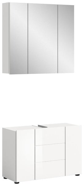 Badezimmermöbel-Set bestehend aus einem dreitürigen Spiegelschrank und einem weißen Waschbeckenunterschrank mit zwei Türen und drei Schubladen.