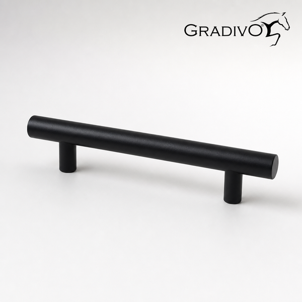 Schwarzer Möbelgriff aus Metall, Stangengriff in T-Form, Gradivo Logo.
