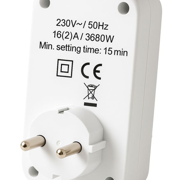 Technische Daten einer Zeitschaltuhr: 230V, 50Hz, 16 Ampere, 3680 Watt, minimaleinstellzeit 15 Minuten. Entsorgungshinweis, CE-Kennzeichnung.