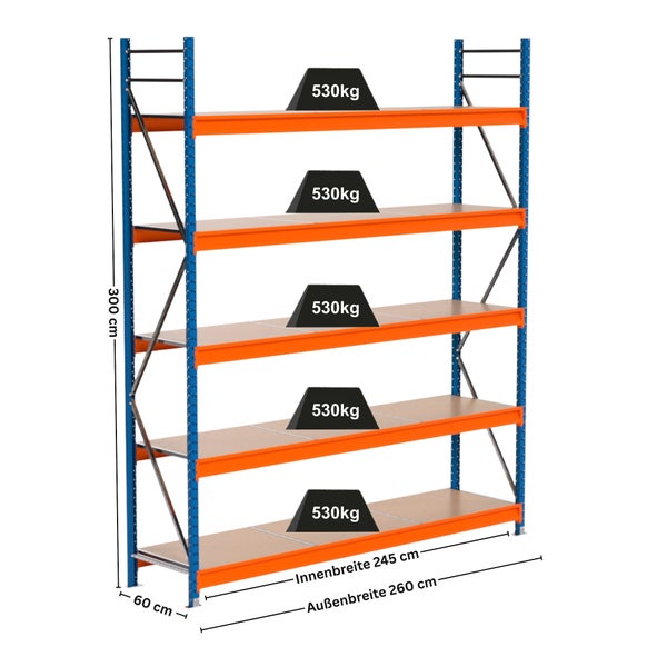 Regal mit fünf Ebenen und einer maximalen Traglast von 530 Kilogramm pro Ebene