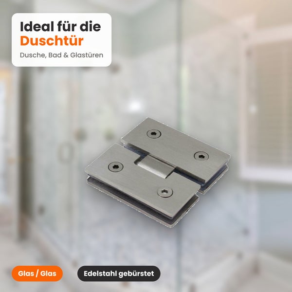 Duschglasverbinder aus gebürstetem Edelstahl für Glas an Glas Verbindungen bei Duschtüren