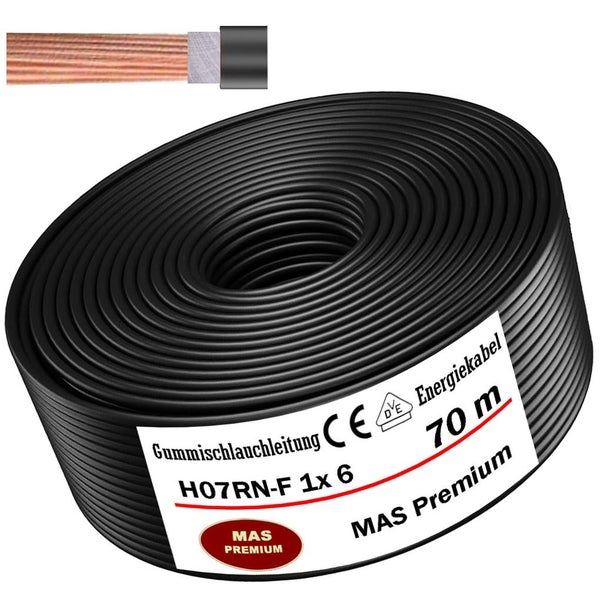 Gummischlauchleitung H07RN-F 1x6, 70 Meter Rolle, MAS Premium Energiekabel mit Kupferlitzen.