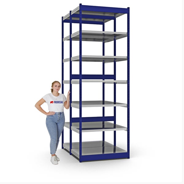 PROREGAL Fachbodenregal Stecksystem Vierkant-Profil Grundregal HxBxT 300 x 102,5 x 60 cm 2x7 Ebenen Doppelseitige Bauart Fachlast 200 kg Enzianblau