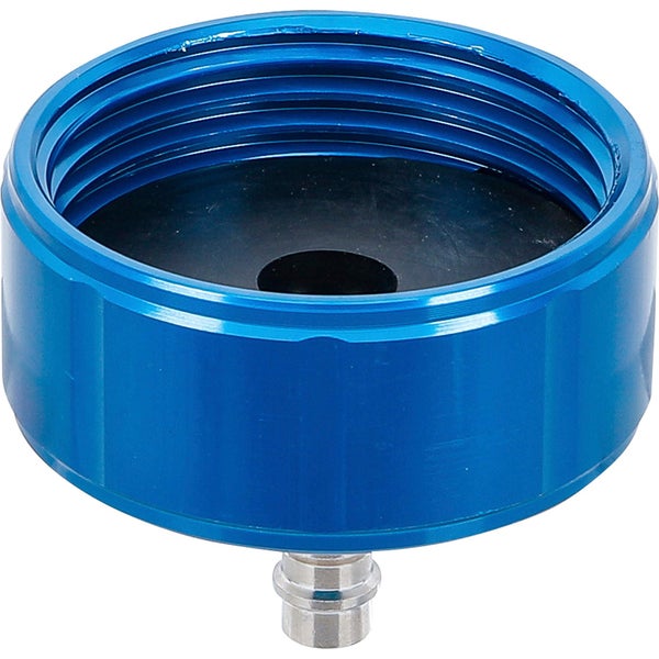 Blauer Kühler-Abdrückadapter aus Aluminium mit Innengewinde und Schnellkupplungsnippel für Kühlsysteme.