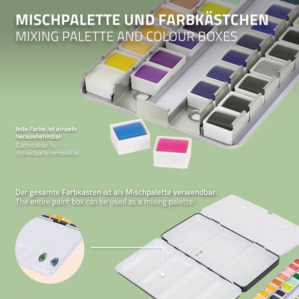 ECD Germany Aquarellfarben Set 48 Farben in tragbarer Box, inkl. 3 Pinsel, 1 Bleistift 2B, 2 Aquarellstift, 4 Aquarellpapier, Vollaquarell-Palette, Malkasten, Wasserfarben Set für Anfänger und Profis