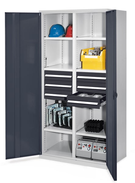 Werkstattschrank mit Regalböden, Schubladen und Werkzeugen