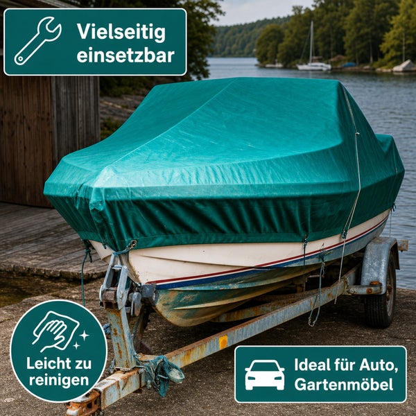 Vielseitige Schutzplane zum Abdecken von Booten, Autos oder Gartenmöbeln, pflegeleicht und robust.