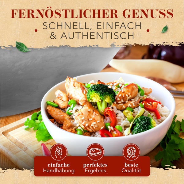 KRUSTENZAUBER 30cm Wokpfanne Induktion flacher Boden - Traditionelle Stahlwokpfanne mit Wokwender u. Wokring - Wok Pfanne, Wok Induktion, Woklette, Wok Zubehör, Carbon Steel Wok Karbonstahl