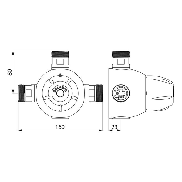 Technische Zeichnung einer Armatur mit Delabie Logo und Abmessungen 160 Millimeter Breite, 80 Millimeter Höhe und 23 Millimeter Tiefe.