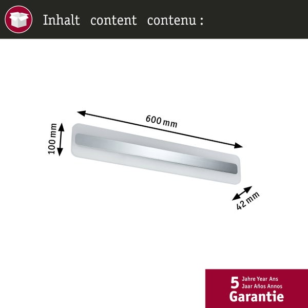 Abmessungen eines rechteckigen Produkts: 600 Millimeter Länge, 100 Millimeter Höhe und 42 Millimeter Tiefe. Inklusive 5 Jahre Garantie.