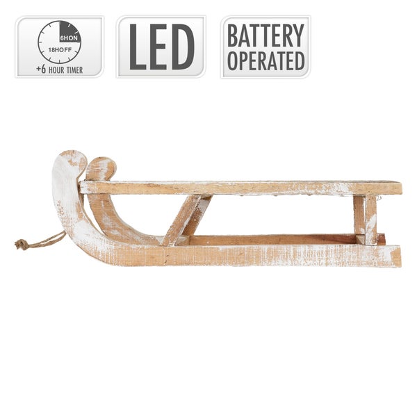 ECD Germany Deko Schlitten aus Holz, 50,5 x 13,5 x 23,5 cm, Braun, Natur, mit LED, Weihnachtsdeko, Weihnachten Dekoration, mit Batterien, Holzschlitten, Holz Deko, Dekoration, Dekoschlitten