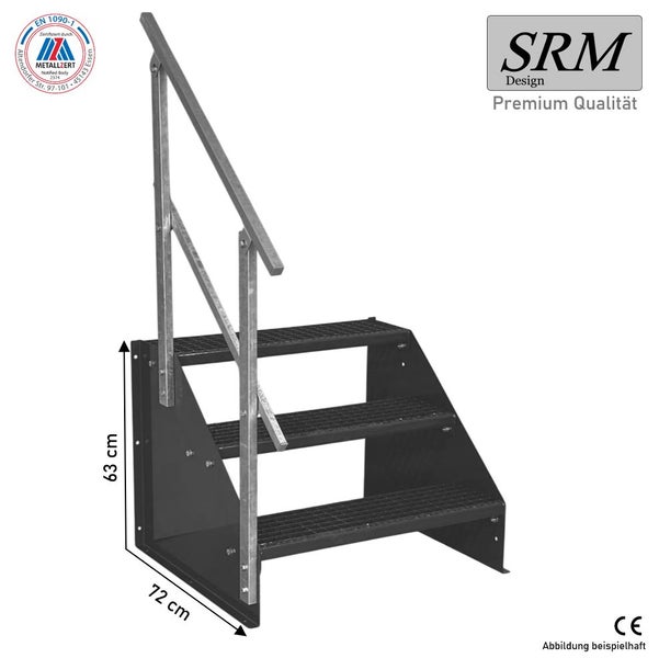 Stahltreppe mit 3 Gitterroststufen und Handlauf, Höhe 63 Zentimeter, Tiefe 72 Zentimeter, SRM Design Logo, EN 1090-1 zertifiziert, CE Kennzeichnung.