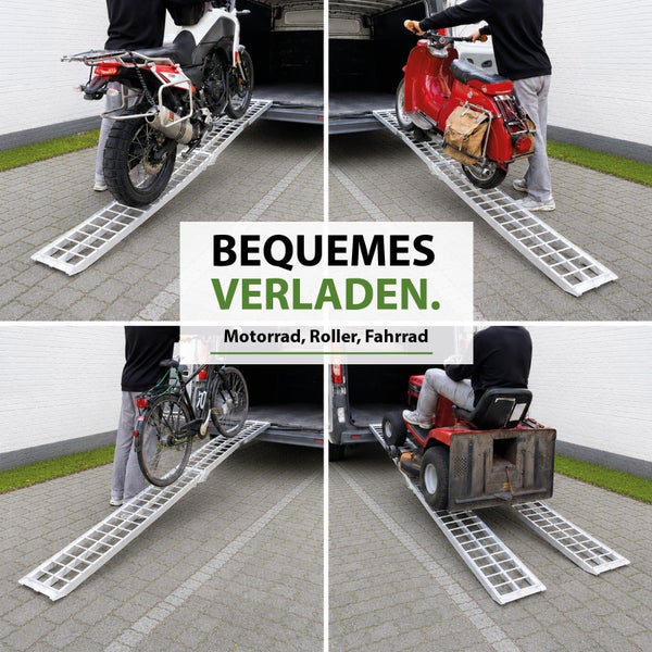 Auffahrrampe aus Metall zum Verladen von Motorrad, Roller, Fahrrad und Rasentraktor in einen Transporter.
