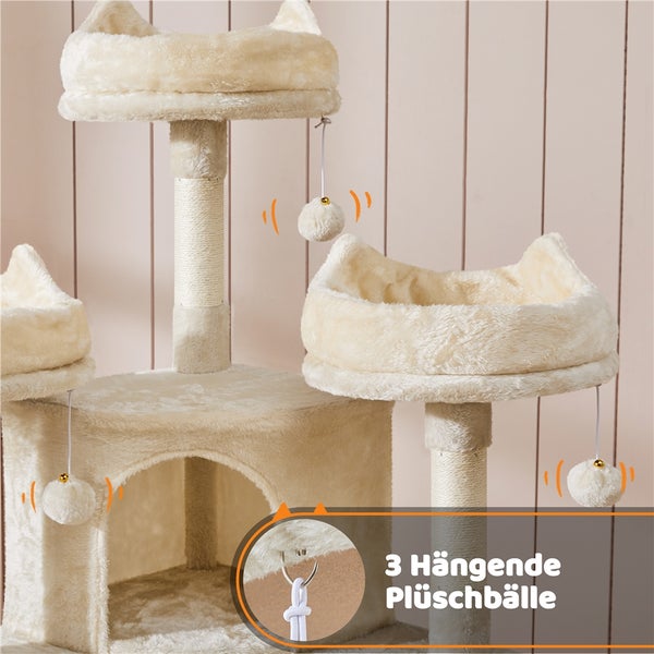 Katzenkratzbaum mit mehreren Ebenen und drei hängenden Plüschbällen