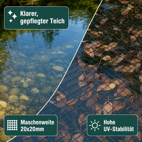 Teichnetz mit 20 mal 20 Millimeter Maschenweite für sauberes Wasser und hohen UV Schutz gegen Laubfall im Garten.