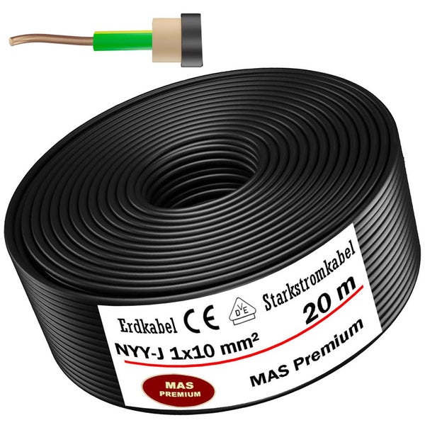 Erdkabel NYY-J 1x10 Quadratmillimeter, Starkstromkabel, 20 Meter Länge, MAS Premium, geprüft nach CE und VDE.