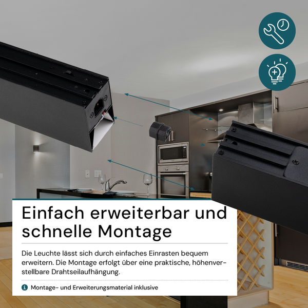 Flexibel erweiterbares Schienensystem zur Deckenmontage in moderner Küche