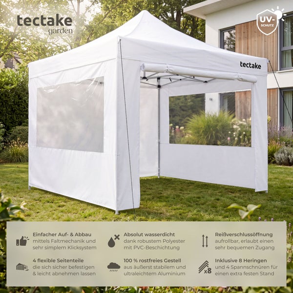 Tectake Faltpavillon mit UV Schutz im Garten, wasserdichtes Polyester mit PVC Beschichtung, Aluminiumgestell, inklusive Seitenwänden und Zubehör.