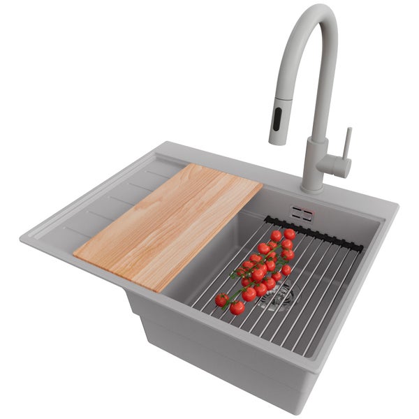 Küchenspüle mit Schneidebrett, Abtropfgitter und Armatur