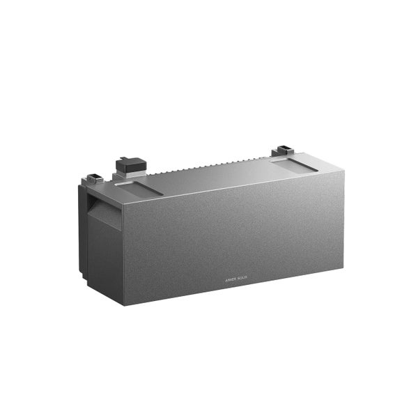 Anker Solix Solarbank E1600 Solarspeicher für Balkonkraftwerke, graue Metalleinheit mit Anschlüssen auf der Oberseite.