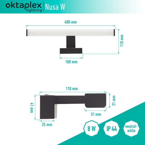 LED Spiegelleuchte 4000K Wandmontage Schwarz 8W 570lm Minimalistisch Badlampe 40cm Neutralweiß Badezimmerlampe Schminklicht