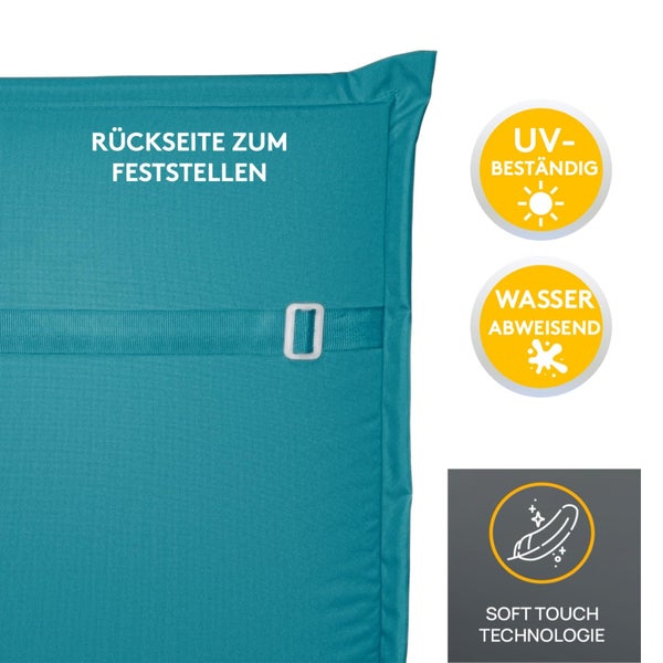 Rückseite eines Polsters mit Befestigungsgurt sowie Symbole für UV-Beständigkeit, wasserabweisende Eigenschaften und Soft-Touch-Technologie.