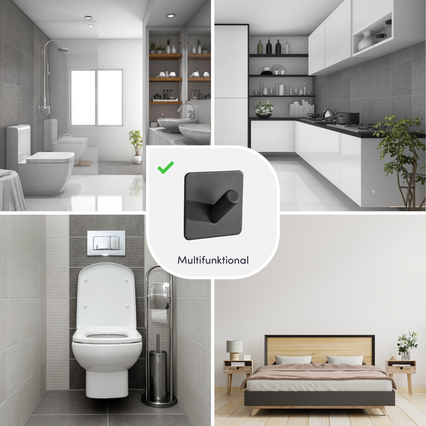 Multifunktionaler Wandhaken in Schwarz mit quadratischer Basis für Anwendungen in Badezimmer, Küche und Schlafzimmer.
