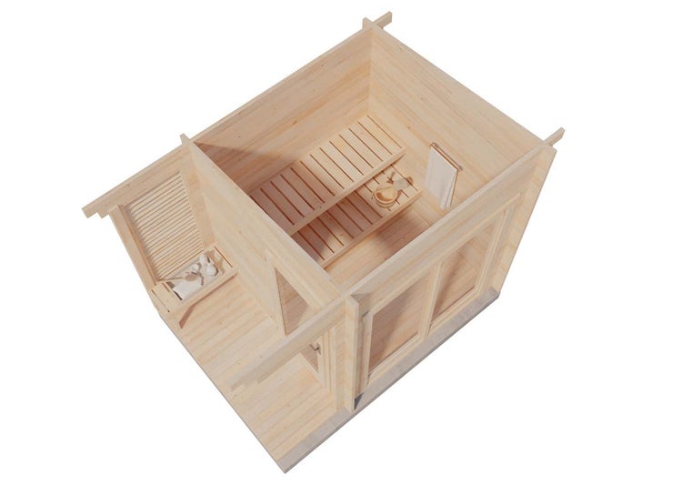 Vogelperspektive einer modernen Holzsauna mit kleiner Terrasse, Innenraum mit Saunaliege und Zubehör sowie einer verglasten Frontansicht.