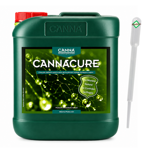 CannaCure Pflanzenschutzmittel in einem Kunststoffkanister mit Dosierpipette zur natürlichen Schädlingsbekämpfung und Stärkung von Pflanzen.