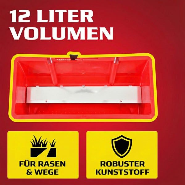 Streuwagen mit 12 Liter Volumen für Rasen und Wege aus robustem Kunststoff