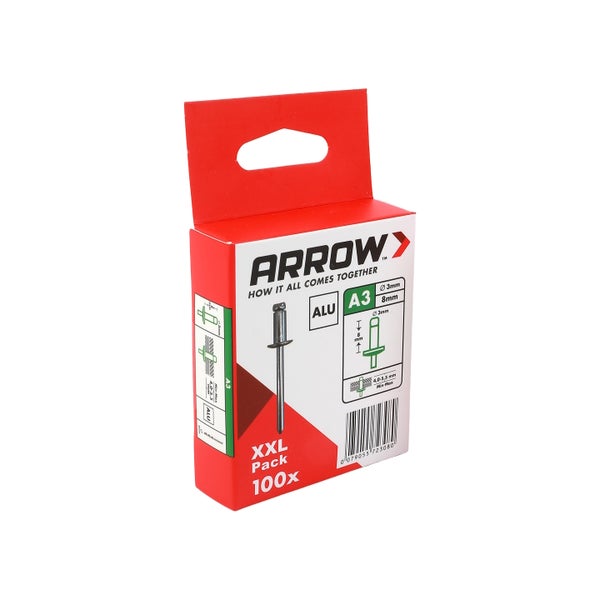 Arrow Blindnieten aus Aluminium XXL Pack mit 100 Stück, Durchmesser 3 Millimeter und Länge 8 Millimeter.