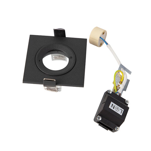 Quadratischer Einbaustrahler-Rahmen in Schwarz mit GU10-Fassung, Anschlussbox und Montagefedern.