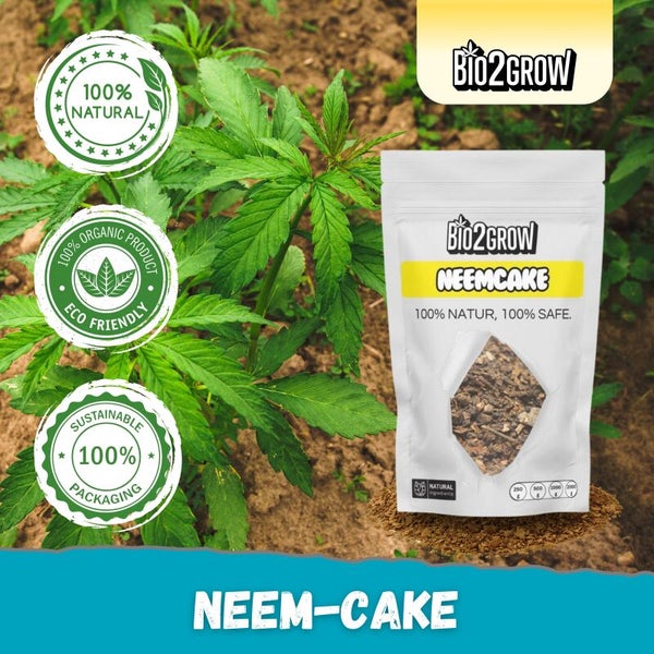 Bio2Grow Neemcake-Verpackung mit den Aufschriften 100 Prozent natürlich, 100 Prozent Bioprodukt, umweltfreundlich und nachhaltige Verpackung
