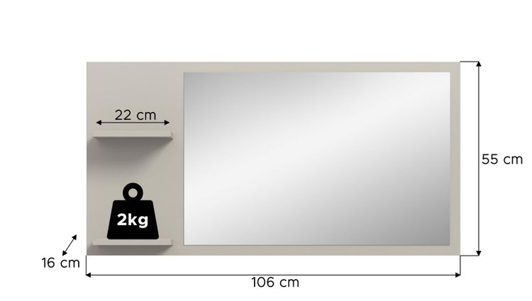 Wandspiegel mit Ablage, 106 mal 55 Zentimeter, mit einer maximalen Belastbarkeit von 2 Kilogramm für die Ablagefläche.