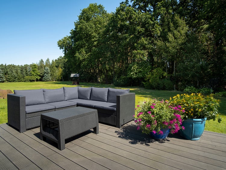 Keter Loungemöbel Set Provence mit Corfu Tisch und Kissen in Anthrazit Rattanoptik Gartenmöbel