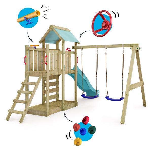 WICKEY Spielturm Klettergerüst MultiFlyer mit Schaukel und Rutsche, Kletterturm mit Sandkasten, Leiter und Spiel-Zubehör – pastellblau